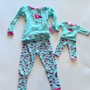 4t flamingo pjs with matching doll pajamas.